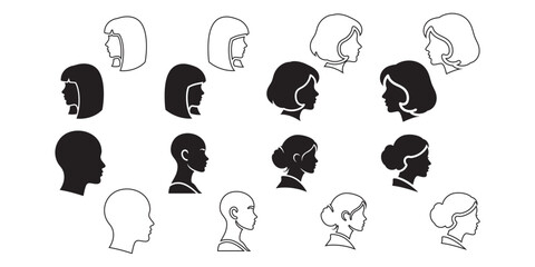 Diverse Collection of Woman's Hairstyle Silhouettes and Line Art Profiles in Black and White, Showing Various Styles