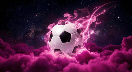 Naklejka premium Glowing Pink Smoke Soccer Ball Floating in Starry Deep Space Fantasy Art