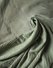Softly wrinkled, light olive green fabric drapes diagonally, showcasing textures and gentle light reflecting from folds