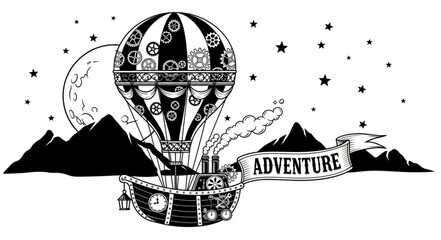 Vintage hot air balloon soaring above mountains with adventure banner under starry night sky. © izas