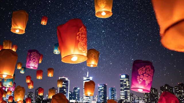 4K video of glowing lanterns flying in the night sky amidst cityscape