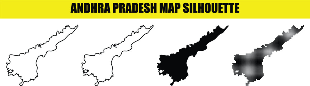 Andhra pradesh map silhouette vector illustration set featuring solid black outline and dotted style designs on banner