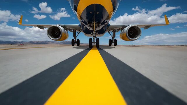 Airplane landing gear touches down on airport runway. Front wheels of aircraft on tarmac with yellow line. Jetliner arriving at destination, close up, macro perspective showing tir