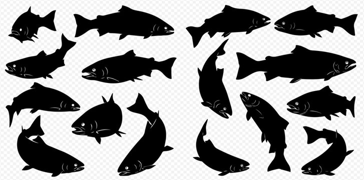 A collection of black salmon fish silhouettes in various dynamic swimming and jumping poses.