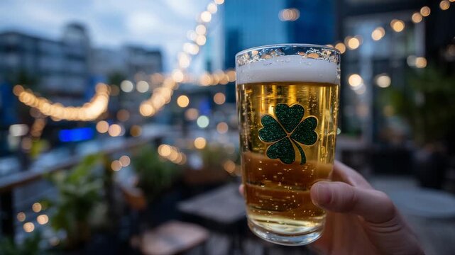 Hand holding pint of golden beer with shamrock logo in cozy Irish pub during rainy Saint Patrick Day celebration with blurred city lights outside, low-angle shot emphasizing rich g