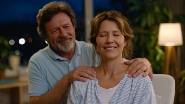 Man giving a neck massage to a smiling woman sitting in a chair, senior couple wellness and relaxation at home, cozy evening scene with soft lamp light, calm and intimate mood, rel