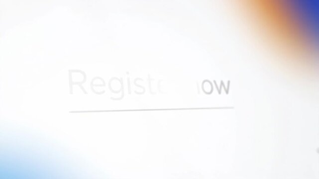 Register now button on a digital screen with a progress bar animation. User interface element for website signup or online service subscription. Close up of a call to action sequence