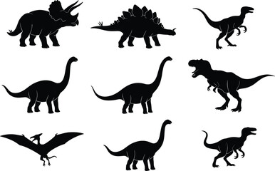 Dinosaur silhouettes collection featuring Triceratops, Stegosaurus, Velociraptor, Brachiosaurus, Apatosaurus, Tyrannosaurus rex, Pteranodon, and Diplodocus, ideal for prehistoric design © IconicCreations