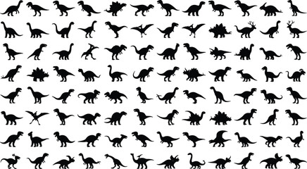 Dinosaur silhouette collection featuring diverse prehistoric species and poses, educational illustration design for stock images, paleontology artwork, creative decorative pattern background © IconicCreations