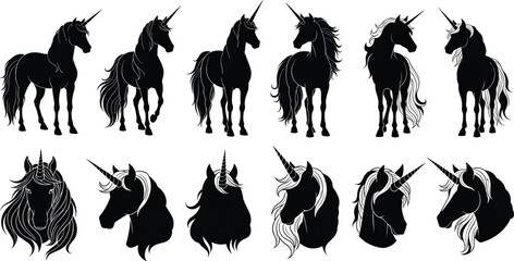Unicorn silhouette collection featuring diverse poses and head profiles, fantasy animal illustration design for stock images, magical artwork, creative decorative pattern background © IconicCreations