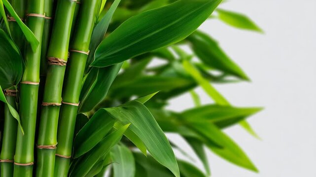 Minimalist close up of vibrant green bamboo stems on a clean off white background, ideal for spa branding, mindfulness concepts and modern natural lifestyle design, overlapping bam
