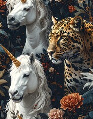 Three creatures (two unicorns, one leopard) are surrounded by flowers on a black background