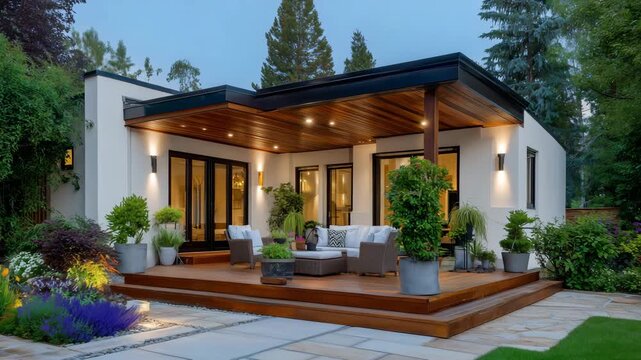 Modern outdoor patio attached house, corner view showing combination of wooden and concrete surfaces, modern pergola providing shade, potted plants and decorative lighting, stylish