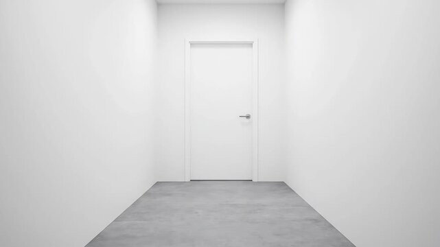 Minimalist architectural interior showing a journey down a white hallway. Abstract concept of progress, moving forward, and reaching a destination represented by a single door