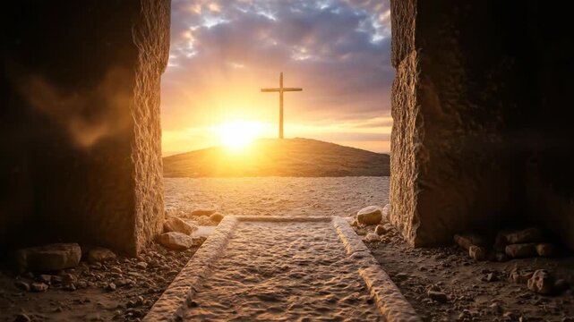 Empty tomb with cross on hill and bright sunrise, concept of resurrection and hope for christianity.