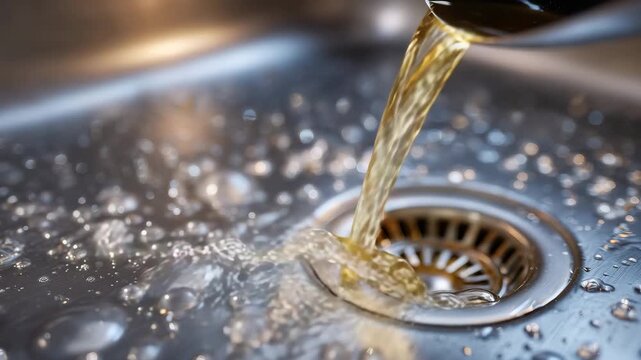 Person pours hot cooking oil from pan into kitchen sink drain. Liquid fat goes down pipe creating potential blockage. Disposal of grease hazard, angled view showing drain and parti