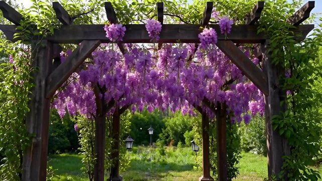 Purple wisteria blossoms hanging from wooden arbor in a garden