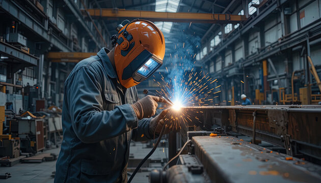 Industrial worker in protective gear performs arc welding operation inside a large manufacturing facility