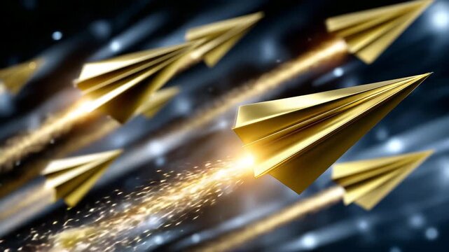 Single glowing golden arrow flying straight and true dynamically leading large disorganized group of paper airplanes through dark sky, perfect for leadership guidance and strategic