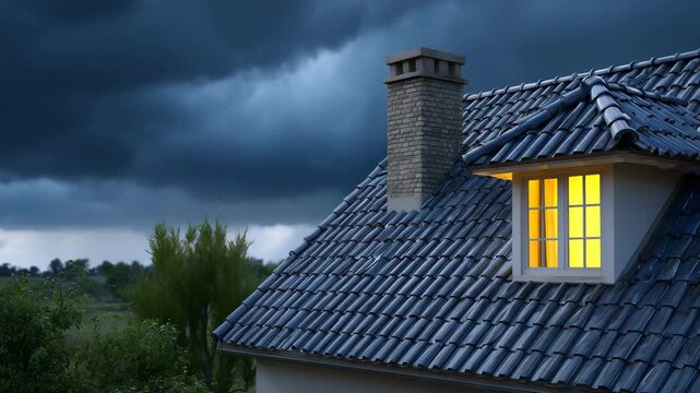 View of a modern, gray tiled roof with chimney and a glimpse of the house, moody cloudy sky above, subtle reflections on tiles suggesting recent rain, minimalist design language, a