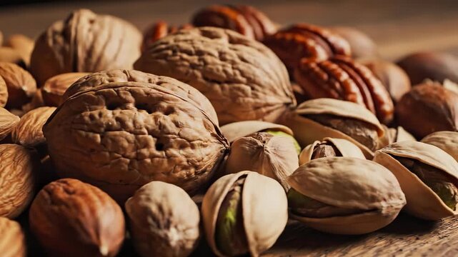 Close-up of assorted nuts on wooden table. Healthy snacks showcase variety of walnuts, almonds, pistachios, and pecans. Natural textures create inviting atmosphere.