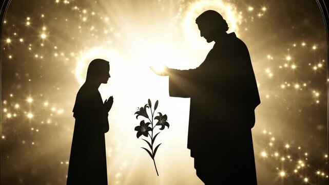 Illustrative depiction of a holy man extending a lily to a woman praying, representing a religious annunciation or blessing concept
