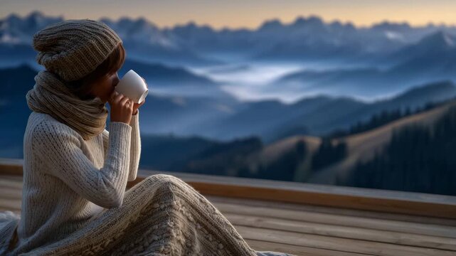 Woman enjoying mountain view seated on a wooden lookout platform, wrapped in a warm blanket, holding a cup of coffee, vast mountain ranges layered into the horizon, cool morning fo