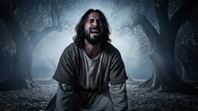 Man praying on knees with head down, then looking up with anguish and despair in a dark, mystical forest