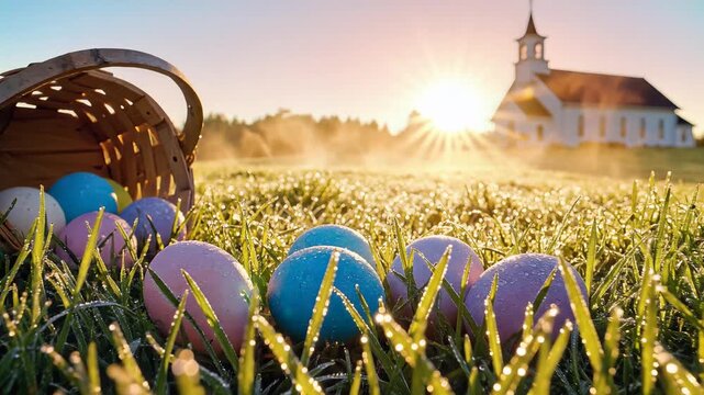 Easter Sunday celebration, Easter eggs in a basket on a grassy field with a church in the background at sunrise