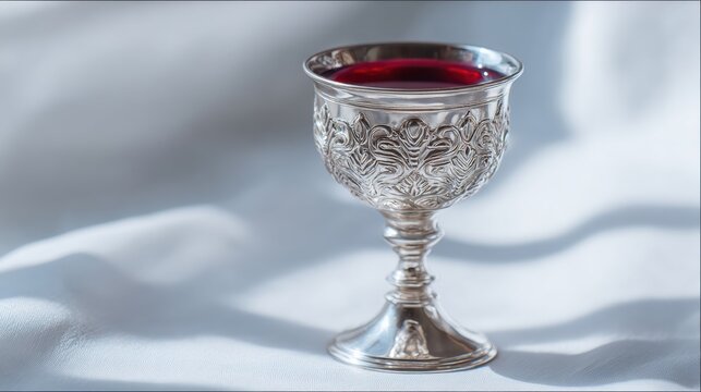 Silver Kiddush Cup Filled With Red Wine on White Cloth With Candle Flame Reflection in Silver Goblet During a Festive Occasion