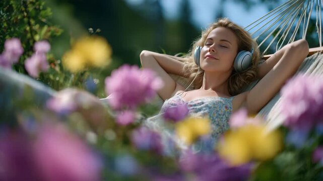 Woman listening to music and relaxing outside in warm sunny spring day, lying on hammock between trees, headphones on, sun filtering through leaves, colorful flowers and green gras