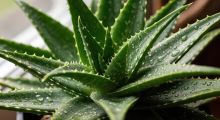 Fototapeta premium Vibrant green aloe vera plant with water droplets on its spiky leaves, symbolizing natural healing and wellness.