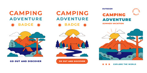 USA, US, U.S, United States - Camping Adventure Badge Poster Set &ndash; Colorful Outdoor Camping Illustrations with Mountains, Rivers, Tents & Nature Scenes for Adventure, Hiking & Summer Vacation Decor
