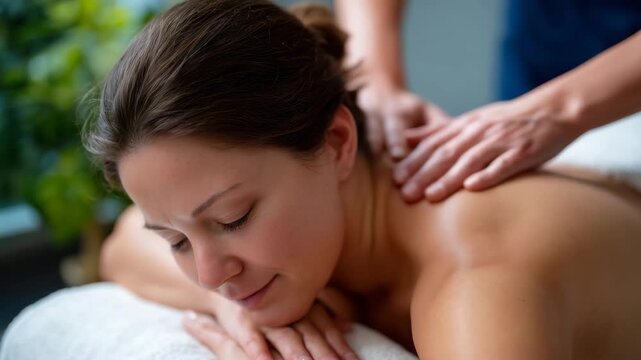 Woman receiving deep tissue back massage from masseuse in spa setting, relaxing wellness treatment for muscle tension and stress relief, close-up detail of shoulder and upper back