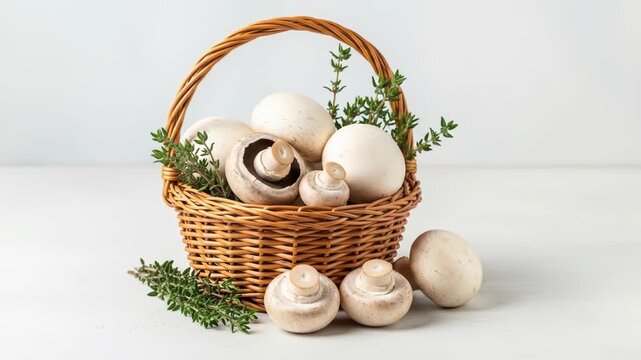A wicker basket overflows with mushrooms and greenery on a white surface