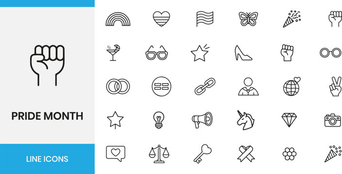Pride Month line icons set. community celebration, equality, human rights, and rainbow pride symbols vector illustration