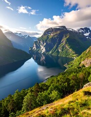 Stunning view of a deep blue fjord nestled between lush green mountains under a partly cloudy sky, bright sunlight