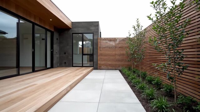 Contemporary house exterior featuring a wooden deck and large glass sliding doors. Landscaped private courtyard with a wood slat fence and paved walkway for outdoor living