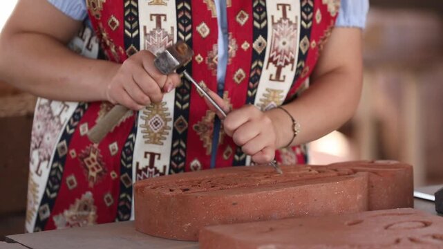 A skilled female artisan in colorful traditional attire uses a small hammer and chisel to meticulously carve an elegant floral pattern into a piece of red terracotta clay.

