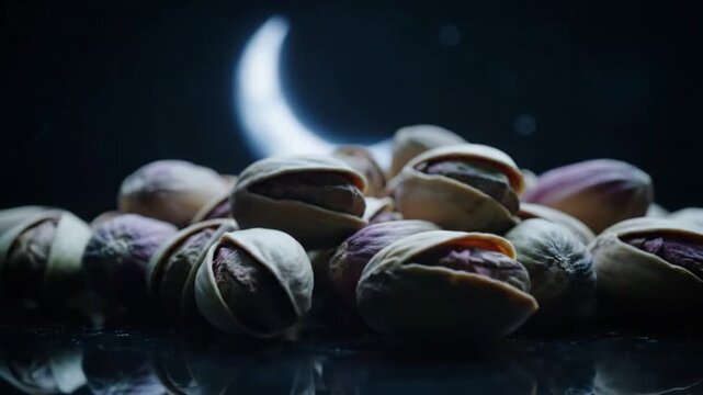 Fresh pistachios with cracked shells on dark background