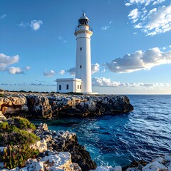 White lighthouse stands tall on rocky coast against blue sky with scattered clouds, ocean waves crashing below