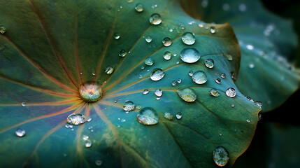 Exquisite close-up of water droplets resting on a vibrant green and reddish-brown leaf, showcasing intricate details and a captivating natural composition.