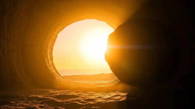 Empty tomb of jesus christ at dawn. Rolling stone away from a circular cave entrance revealing a bright morning light.