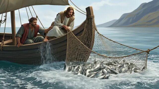Two men on a boat pull a full fishing net from the water, displaying a miraculous catch of abundant fish.