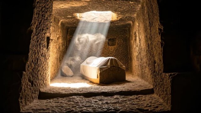 Ancient burial tomb bathed in ethereal light ray, stone sarcophagus covered by white cloth within cave. Mysterious crypt.