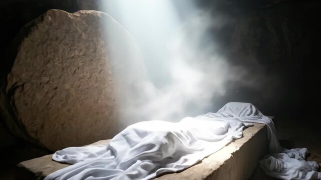 Empty tomb with stone rolled away and burial cloth under light beam, resurrection concept for christian Easter