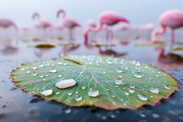 Serene water droplets clinging to a vibrant green lotus leaf, with a blurred background of pink wading birds in a tranquil, atmospheric scene.