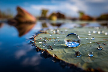 Captivating macro shot of a lotus leaf with a large, spherical water droplet reflecting the surrounding environment, enhanced by a blurred background and natural lighting.