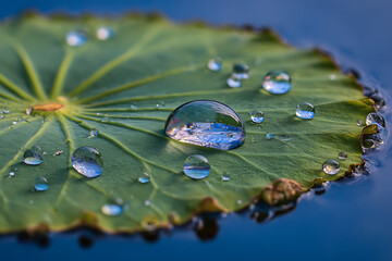 Dramatic close-up of a single water droplet on a green lily pad, mirroring a blurred landscape, creating a dreamy and ethereal visual experience.