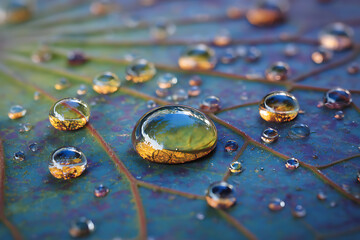 Intricate macro view of golden water droplets clinging to a textured, colorful leaf surface, showcasing a captivating interplay of light and shadow.